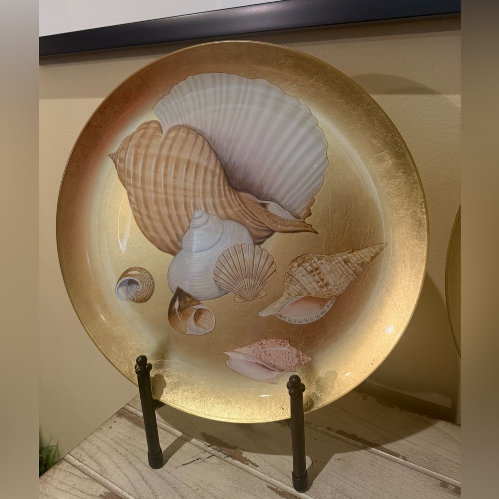 Large Vintage Gold Decorative Plate with Seashell Design with Plate Stand